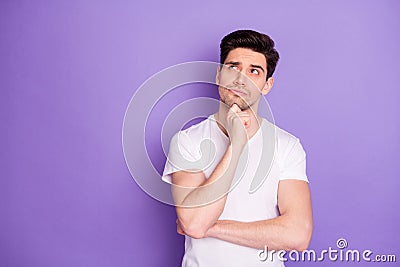 Portrait of minded smart guy look copyspace touch hand chin think thoughts plan working day wear stylish clothes Stock Photo