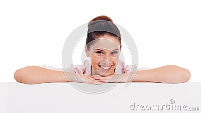 Portrait, mockup board and woman leaning in studio isolated on a white background. Face, poster and happy female person Stock Photo