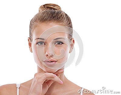 Portrait of model, facial or skincare for dermatology, beauty or cosmetics for healthy glow in studio. Mockup space Stock Photo