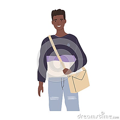 Portrait of modern African student. Happy young black-skinned man wearing casual clothing and crossbody bag. Colored Vector Illustration