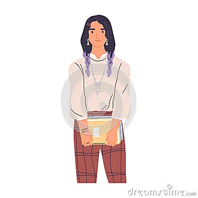 Portrait of modern college student with books. High school pupil holding textbooks in hands. Colored flat vector Vector Illustration