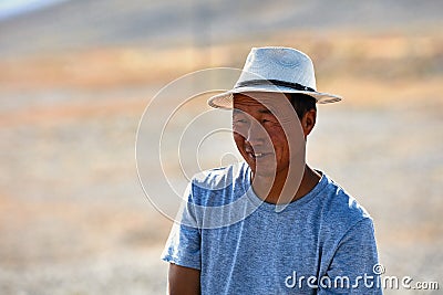 Portrait of a modern Mongol nomad. 06.09.2019. Mongolia Editorial Stock Photo