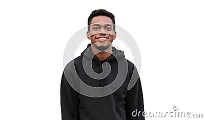 Portrait modern smiling young african man looking at camera wearing a black hoodie isolated on white background Stock Photo