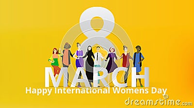 Portrait of modern society female, 8 march international women`s day, various variations of lady`s, together, sisterhood of Vector Illustration