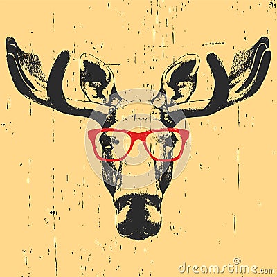 Portrait of Moose with glasses. Vector Illustration