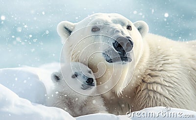 Portrait of mother polar bear with her cute cub in snow Stock Photo