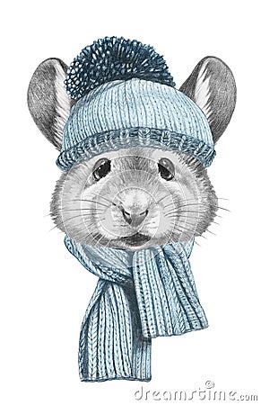 Portrait of Mouse with hat and scarf. Cartoon Illustration