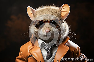 Mouse with sunglasses wearing leather jacket and tie on solid background. Generative AI Stock Photo