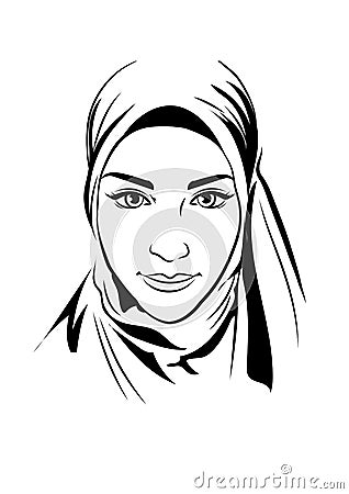 Portrait of muslim beautiful girl in patterned hijab, vector illustration, hand drawing style. Vector Illustration