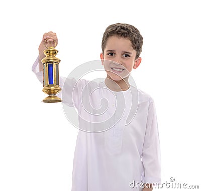 Portrait of Muslim Boy In White Djellaba Celebrating Ramadan Stock Photo