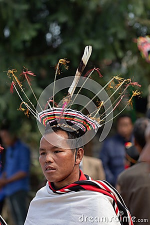 Portrait of a Naga tribes man dressed in traditional head gear during Hornbill festival Editorial Stock Photo