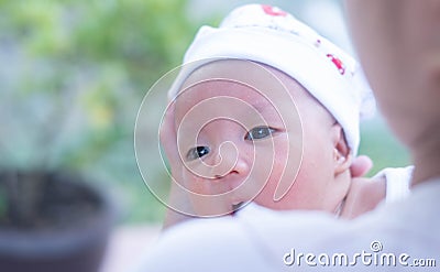 Portrait of a newborn baby infant hold close by mother in the garden, close up. Family Stock Photo