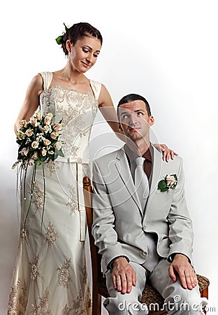 Portrait of newly-married couple, humorous concept Stock Photo