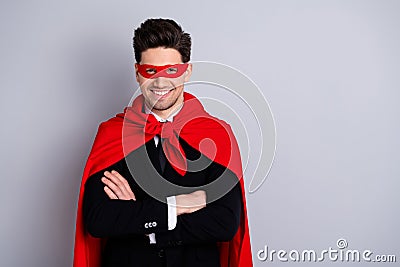 Portrait of nice attractive cheerful cheery incognito best perfect great excellent ideal guy wearing vivid bright super Stock Photo