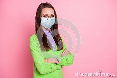 Portrait of nice attractive girl geek teacher folded arms wear medical mask isolated pink pastel color background Stock Photo