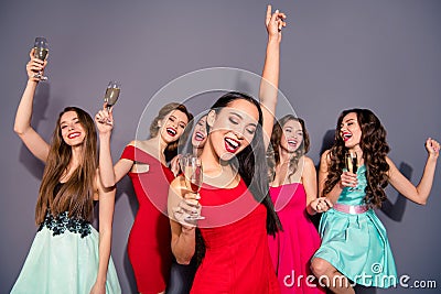 Portrait of nice chic cool winsome lovely charming attractive gorgeous stunning smart cheerful ladies having fun Stock Photo