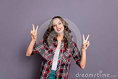 Portrait of nice cute attractive charming pretty winsome gorgeous cheerful wavy-haired lady cool shine look showing Stock Photo