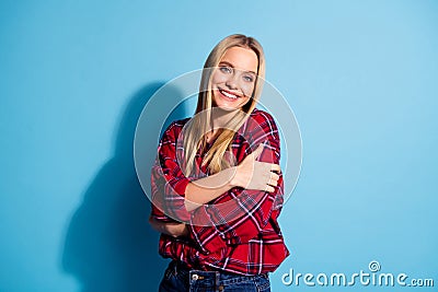 Portrait of nice funny teen fancy teenager feel glad enjoy show esteem warmth care dressed checkered clothing isolated Stock Photo