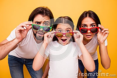 Portrait of nice lovely attractive cheerful amazed people having fun day wearing colorful modern eyewear omg gesture Stock Photo