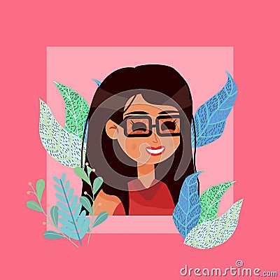 Portrait of nice smiling dark-haired woman. Illustration in flat Vector Illustration