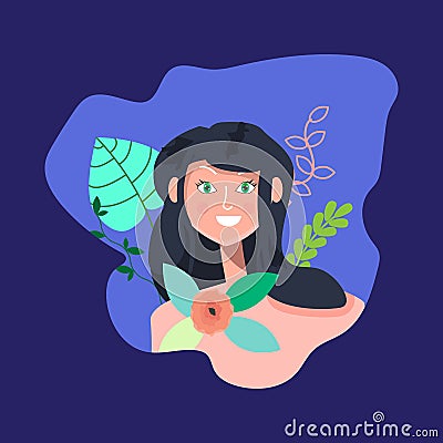 Portrait of nice smiling dark-haired woman. Illustration in flat Vector Illustration