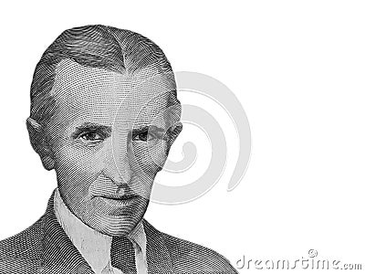 Portrait of Nikola Tesla from 1000 Yugoslavian dinar banknote isolated on a white background Stock Photo