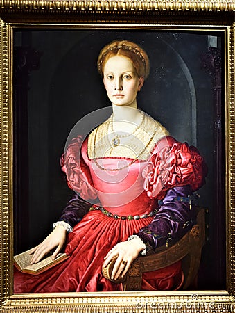 Portrait of a noble woman, with light hair and a red dress with blue sleeves, at the Uffizi museum in Florence. Editorial Stock Photo