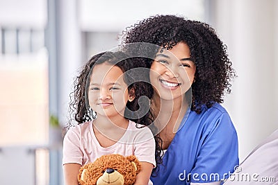 Portrait, nurse and child on bed in hospital for children, health and support in expert medical treatment. Pediatric Stock Photo