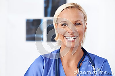 Portrait, nurse and xray in hospital for healthcare service, research and planning with happy results or exam. Face of Stock Photo