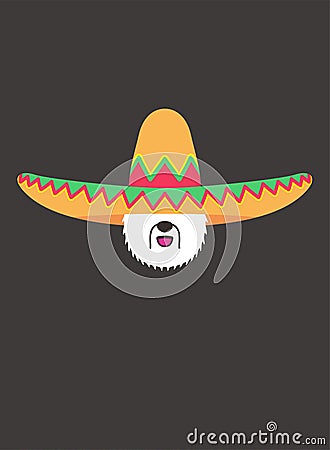 Portrait of Old English Sheepdog, wearing sombrero cap, like Mexican cool style Vector Illustration