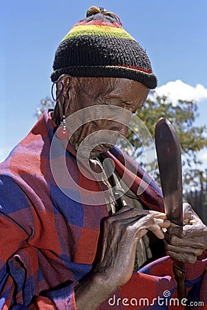 Portrait old Maasai man with stretched earlobe Editorial Stock Photo