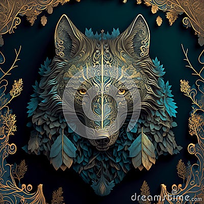 Portrait of ornate wolf, mystery art, dark background, wicca symbol, animal face Stock Photo