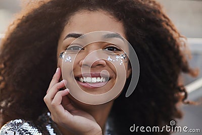 Portrait of overjoyed charming african american woman with curly hair Stock Photo