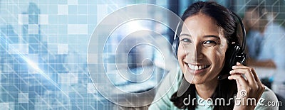 Portrait, overlay or happy consultant in a call center helping, talking or networking online at office desk. Graphic Stock Photo