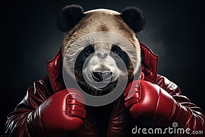 Portrait of a panda in a leather jacket and boxing gloves. Stock Photo