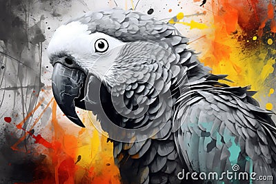 Portrait of a parrot, grayscale with splashes that reveal vibrant colors Stock Photo