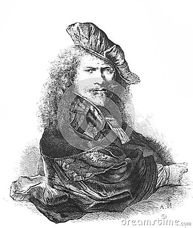 Portrait of Paul Rembrandt in the old book Des Peintres, by C. Blanc, 1863, Paris Stock Photo