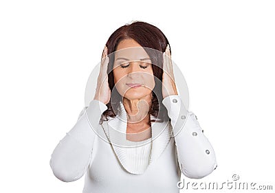 Portrait peaceful woman covering ears. Face expression Stock Photo