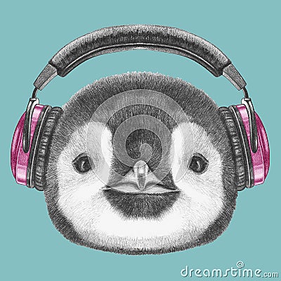 Portrait of Penguin with headphones. Cartoon Illustration