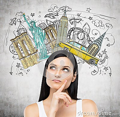 A portrait of a pensive brunette lady in a white tank top. Visiting of USA concept. Stock Photo