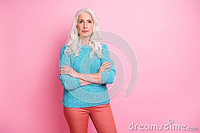 Portrait of pensive strict nanny old woman cross hands listen her younger employees wear good look sweater isolated over Stock Photo