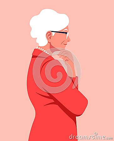 Portrait of a pensive woman in a profile. An elderly employe is meditating. Side view. Vector Illustration