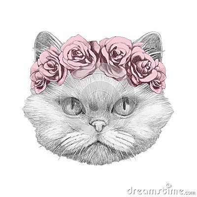 Portrait of Persian Cat with floral head wreath. Cartoon Illustration