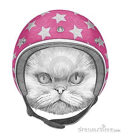Portrait of Persian Cat with Helmet. Cartoon Illustration