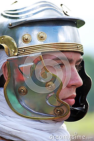 Portrait of person in historical costume wearing helmet Editorial Stock Photo