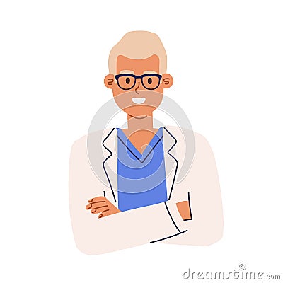Portrait of pharmacist in eyewear and medical coat. Avatar of smiling health worker in uniform. Colored flat cartoon Vector Illustration