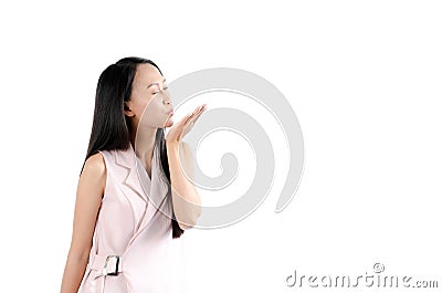 Portrait photo of asian woman with lovely expression face and close eyes. Stock Photo