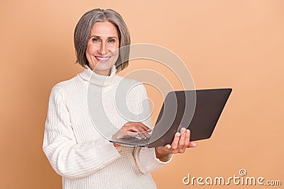 Portrait photo cadre of smiling beginner it specialist grandmother wear white sweater advert programmer courses isolated Stock Photo