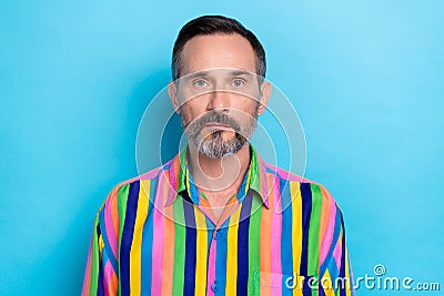 Portrait photo of mature serious face man grey beard wear striped colorful nice hairstyle want get new job vacancy Stock Photo