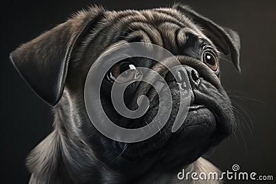 Portrait photo of a Pug dog. Confident purposeful Pug Dog looking right. generative AI Stock Photo